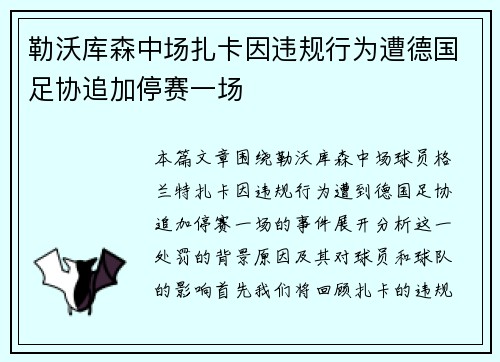 勒沃库森中场扎卡因违规行为遭德国足协追加停赛一场