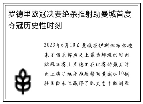 罗德里欧冠决赛绝杀推射助曼城首度夺冠历史性时刻